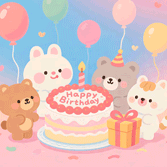 Cute happy birthday gif with animated birthday cake and colorful balloons