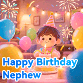 Happy birthday nephew with colorful balloons and birthday cake celebration